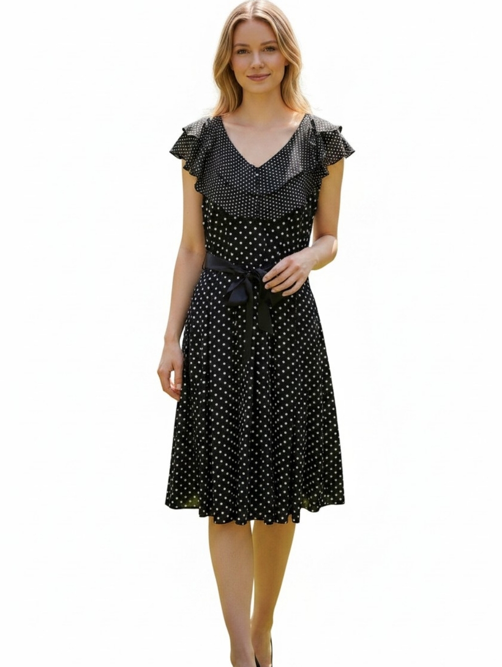 Adrianna Papell Dress Womens 14 Black White Polka Dot Ruffle Front Pin-Up NWT